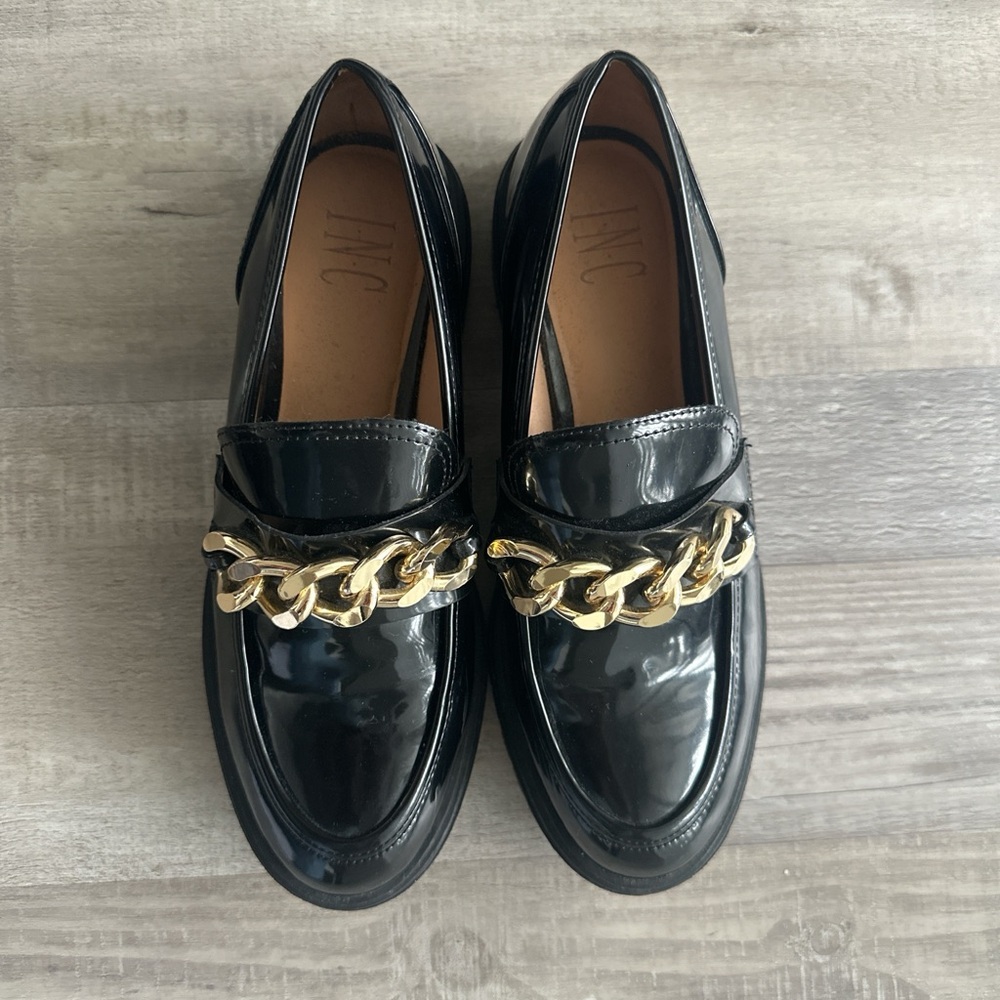 INC International Concepts Glossy Black Loafers with Gold Chain Detail
